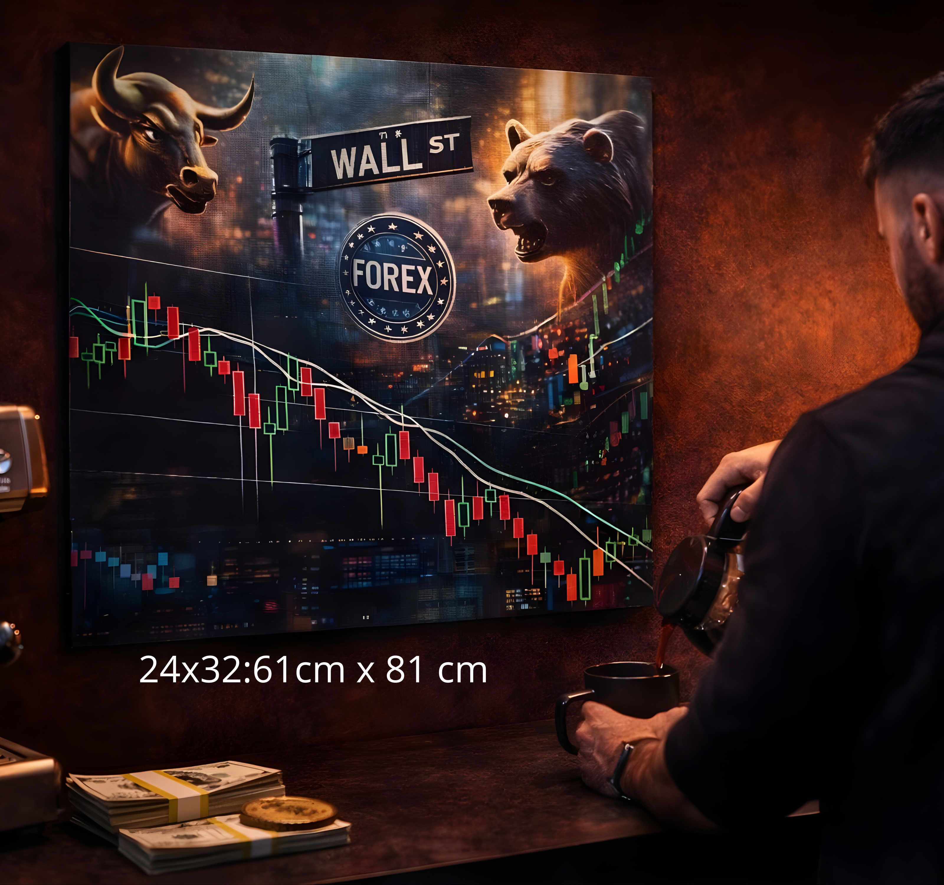Lienzo de Trading Premium – Toro vs Oso | Arte Financiero para Traders 4 Tamaños