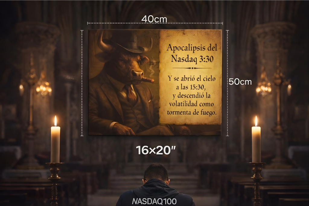 Apocalipsis 3:30 – Cuadro de trading en lienzo | Arte irónico para traders