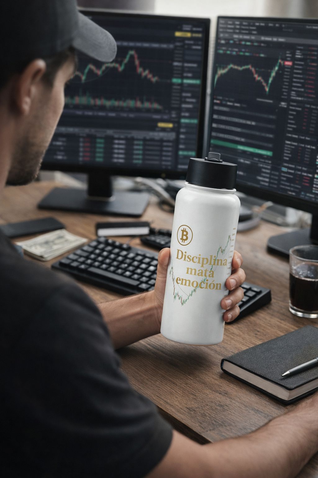 Botella deportiva “Disciplina mata emoción” – Hidratación para traders enfocados
